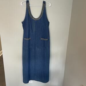 Vintage Agapo Denim Embroidered Sleeveless Dress Cottagecore Women’s M Tan Black